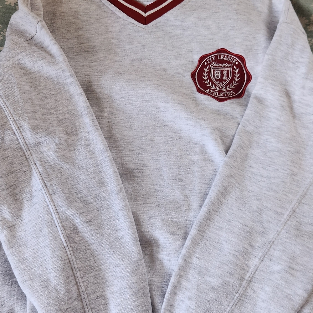 Sunday Gray V-Neck Sweater with Red Trim